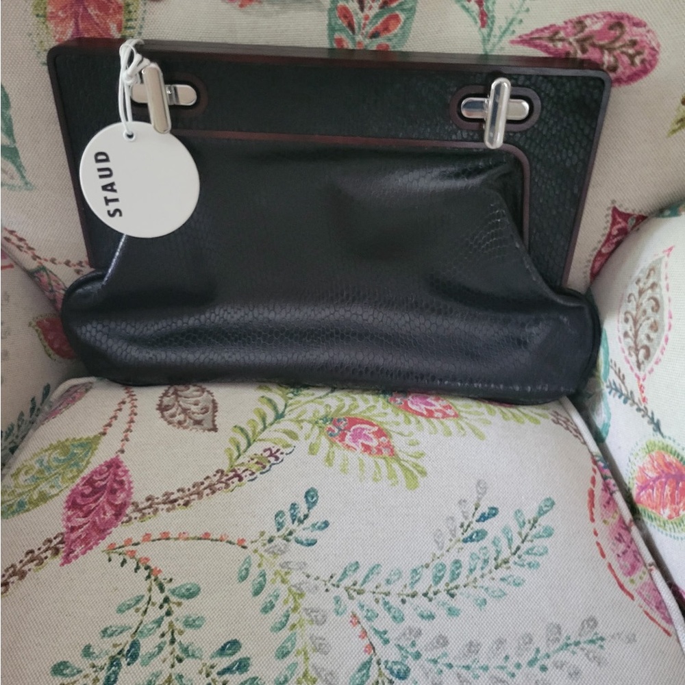 STAUD Black Clutch with Silver Hardware